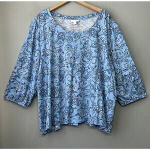 J Jill Tee Top Plus Size 3X Blue Paisley Cotton Modal Knit 3/4 Sleeve Peasant
